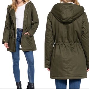 Ellison Olive Green Sherpa-Lined Hooded Puffer Jacket, M